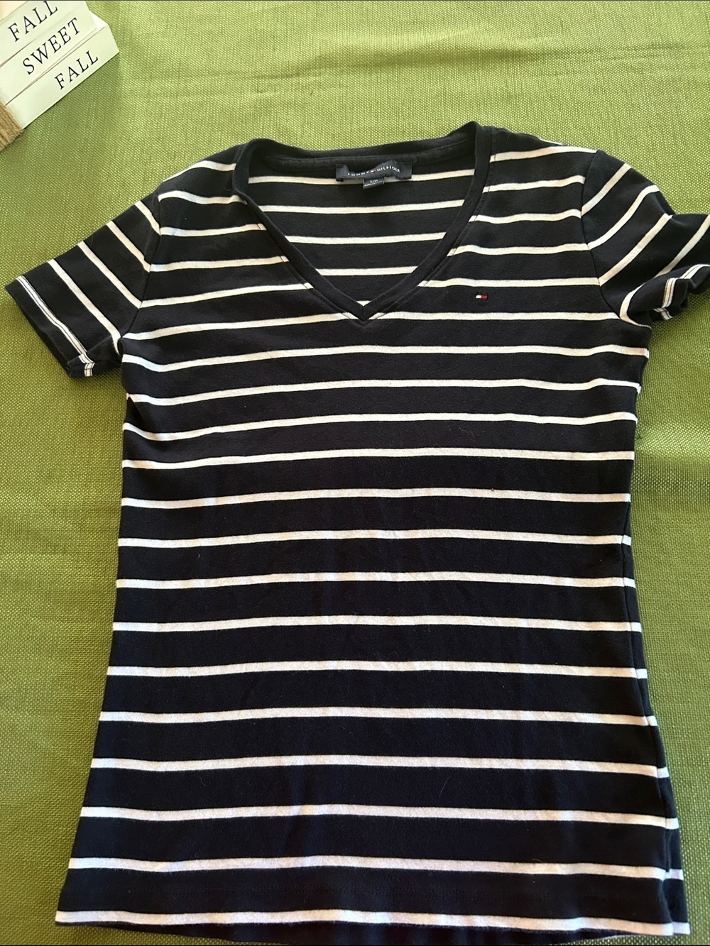 Tommy Hilfiger Blue and White Striped V-Neck Tee 100 cotton